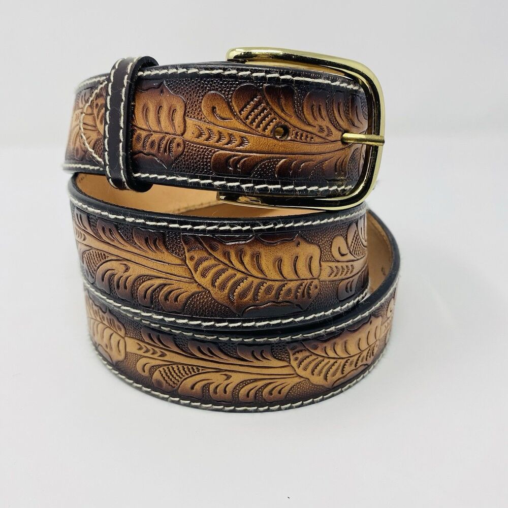 Hand Tooled Mens 50 Cowhide Leather Belt Western Carved Gold Buckle Fall Leaves